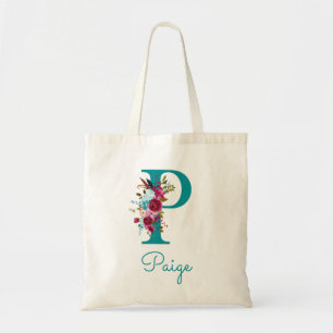 Blumen-Initiale P Schrift-Monogramm Türkis Rosa Tragetasche