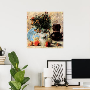 Blumen, Kaffeekanne und Früchte von Vincent van Go Poster