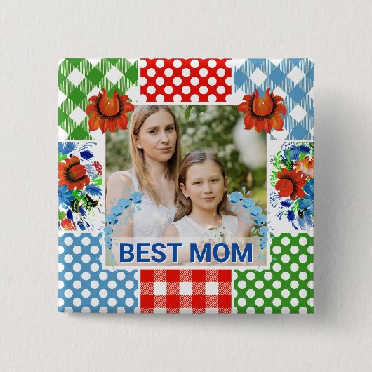 Blumen- & Karo-Fotobild Muttertag Button (Vorderseite)