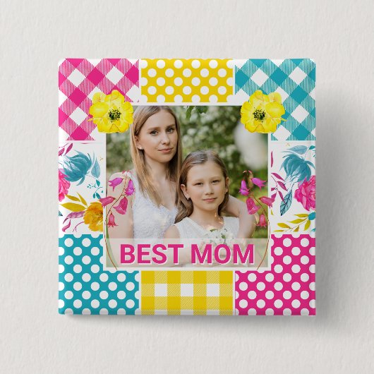 Blumen- & Karo-Fotorahmen Muttertag Button (Vorderseite)