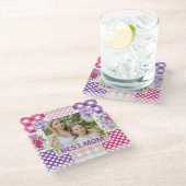 Blumen- & Karo-Fotorahmen Muttertag Glasuntersetzer (Schrägansicht)