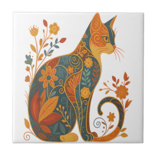 Blumen-Katzen-Silhouette � Farbige Vintage-Botanik Fliese