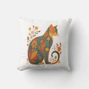 Blumen-Katzen-Silhouette � Farbige Vintage-Botanik Kissen