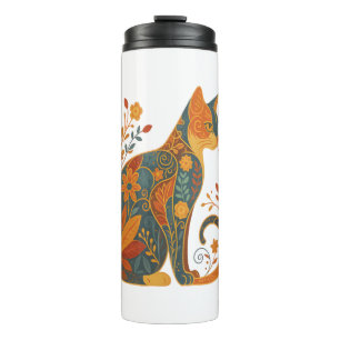 Blumen-Katzen-Silhouette � Farbige Vintage-Botanik Thermosbecher