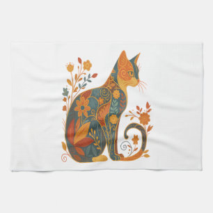 Blumen-Katzensilhouette � Farbige Vintage-Botanik Geschirrtuch