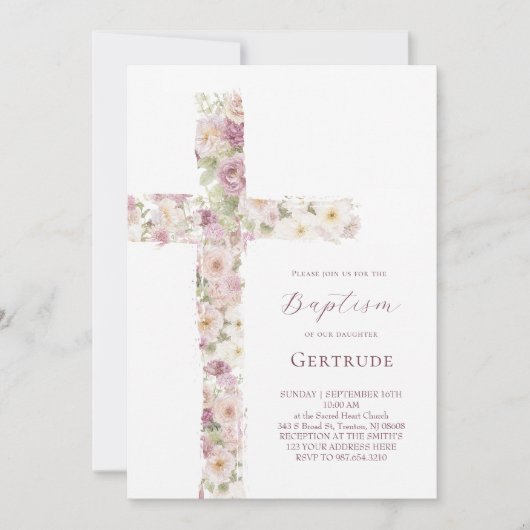 Blumen Kreuz Tauf Mädchen Einladung (Vorderseite)