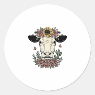 Blumen-Kuhkopf-Vintage-Stichdesign_1 Runder Aufkleber