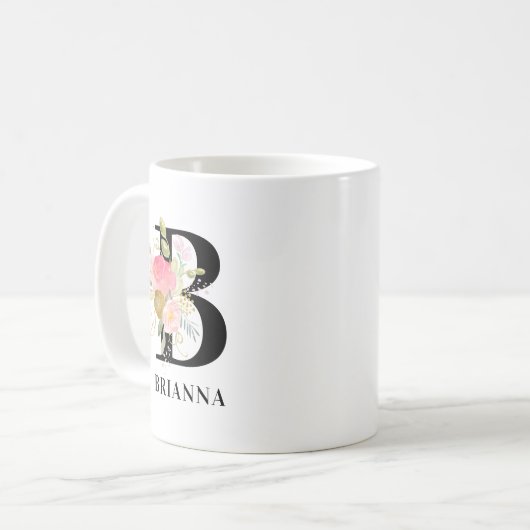 Blumen Letter Pink and Gold Floral Mit Monogramm Kaffeetasse (Vorderseite Links)