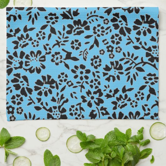BLUMEN/LICHT BLAU & SCHWARZ KÜCHENHAND TOWEL! GESCHIRRTUCH (Gefaltet)