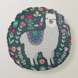 Blumen-Llama: Vintage handgezeichnete Doodles Rundes Kissen
