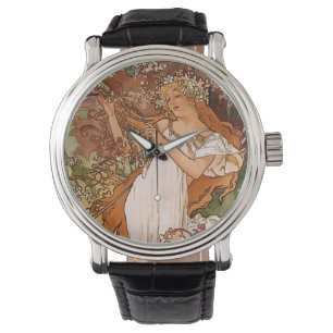 Blumen-Mädchen durch Alphonse Mucha Armbanduhr