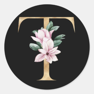 Blumen-Magnolie-Monogramm in Gold Buchstabe T Runder Aufkleber