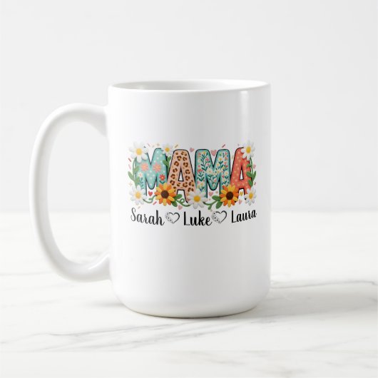 Blumen-Mama mit Kindernamen Kaffeetasse (Links)