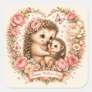 Blumen-Mama und Baby-Igel Cottagecore Quadratischer Aufkleber