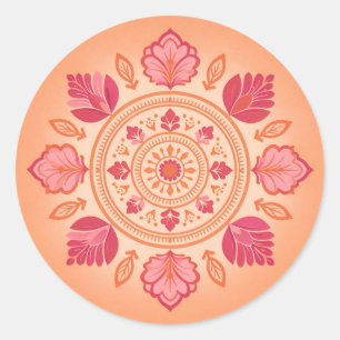 Blumen-Mandala-Illustration auf Pfirsich-Hintergru Runder Aufkleber