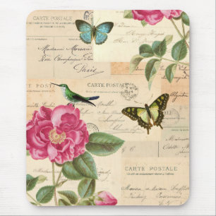 Blumen-Mauspad im Vintage-Stil mit Rose und Kolibr Mousepad