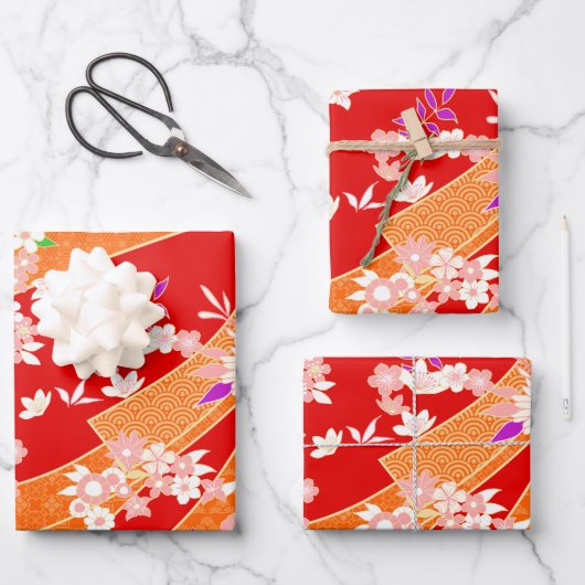 Blumen-Mix-Kimono-Muster Geschenkpapier Set (Vorderseite)