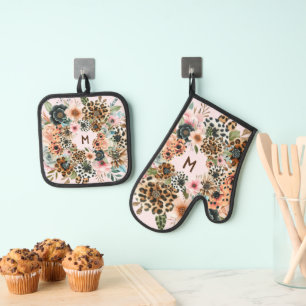 Blumen-MONOGRAMM Mama Oma Sister für Tierwerbung Ofenhandschuh & Topflappen-Set