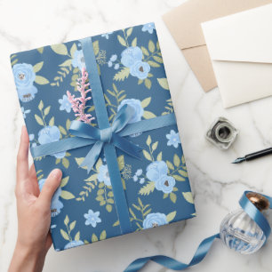 Blumen Navy Blau Grün Blau Streifen  Geschenkpapier
