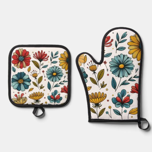 Blumen-Ofenhandschuh und Topflappen Set Retro-Folk (Vorderseite)