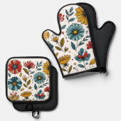 Blumen-Ofenhandschuh und Topflappen Set Retro-Folk (Vorderseite/Rückseite)