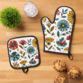Blumen-Ofenhandschuh und Topflappen Set Retro-Folk (Oben Unten)