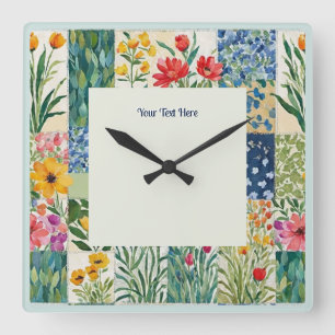Blumen-Patchwork-Botanischer-Garten-Blumen Hübsch Quadratische Wanduhr