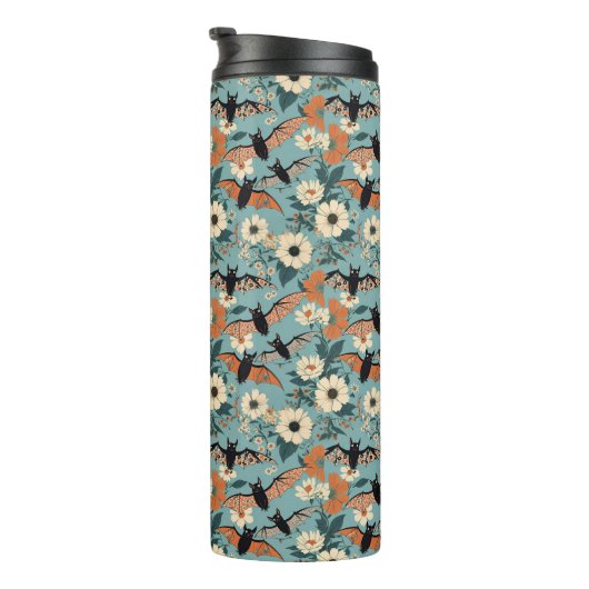 Blumen-Patchwork-Halloween-Fledermäuse und Blumen Thermosbecher (Nach rechts gedreht)