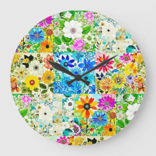 Blumen-Patchwork-Kunst Aquarell-Blumen Große Wanduhr