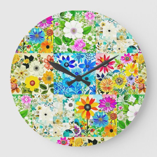 Blumen-Patchwork-Kunst Aquarell-Blumen Große Wanduhr (Vorderseite)