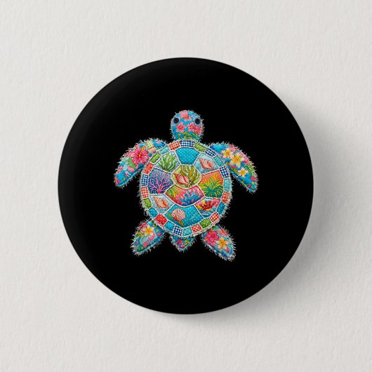 Blumen-Patchwork-Schildkröte Sommer Retro Strand M Button (Vorderseite)