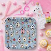 Blumen-Patchwork-Vogelhäuschen und himmelblauer Hi Pappteller (Party)