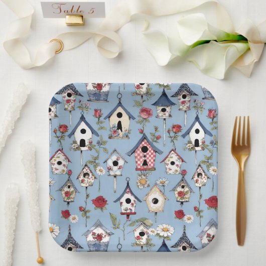 Blumen-Patchwork-Vogelhäuschen und himmelblauer Hi Pappteller (Hochzeit)