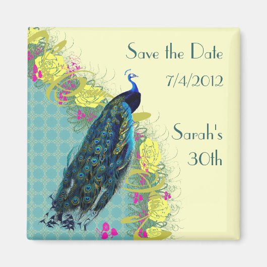 Blumen-Pfau-Save-the-Date-Magnet Magnet (Vorne)