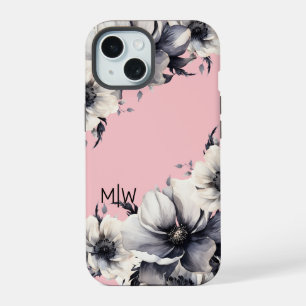Blumen Pink Schwarz Weiß Monogramm iPhone 15 Hülle