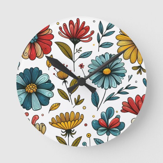 Blumen-Retro-Volkskunst Runde Wanduhr (Vorderseite)