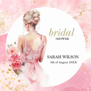 Blumen-Rosa-Aquarell-Brautkleid-Kollektion Runder Aufkleber