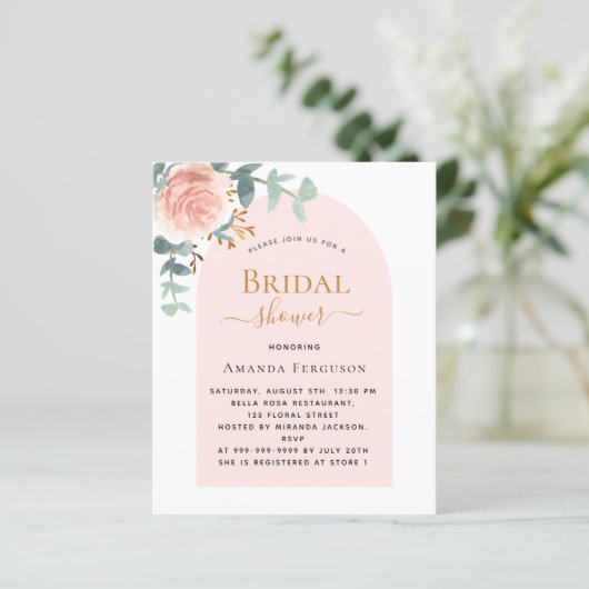 Blumen Rose Goldbogen Bridal Dusche Einladung (Stehend Vorderseite)