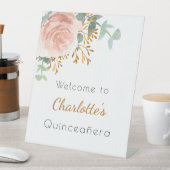 Blumen Rose Goldgrün Quinceanera Empfang Sockelschild (In Situ)