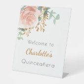 Blumen Rose Goldgrün Quinceanera Empfang Sockelschild (Vorderseite)