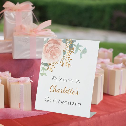 Blumen Rose Goldgrün Quinceanera Empfang Sockelschild