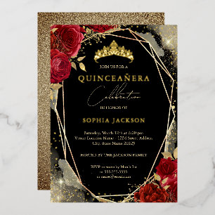 Blumen-Rot-Gold-Tiara Quinceanera Folieneinladung