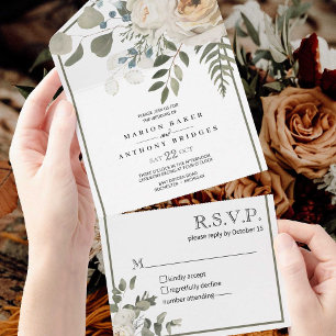Blumen-Sahnecreme Weiße Rosen Grünzeug Hochzeit All In One Einladung