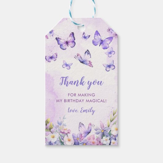 Blumen-Schmetterling-Geburtstags-Geschenk-Tags Geschenkanhänger (Vorderseite)