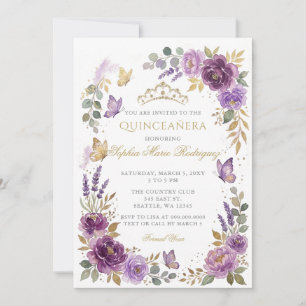 Blumen-Schmetterling Lila Gold-Tiara Quinceañera Einladung