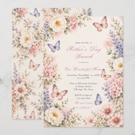 Blumen-Schmetterling-Muttertags-Brunch Einladung (Vorne/Hinten)