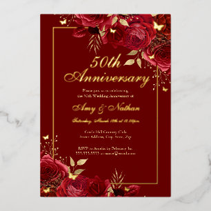 Blumen-Schmetterling Rot 50. Hochzeitstag Folieneinladung