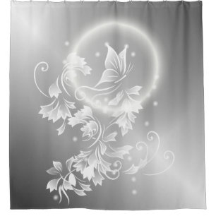 Blumen-Schmetterling-Silber-Weiß-Fantasie Duschvorhang