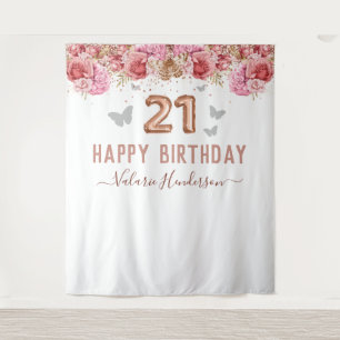 Blumen Schmetterlinge Pink Glücklicher 21. Geburts Wandteppich