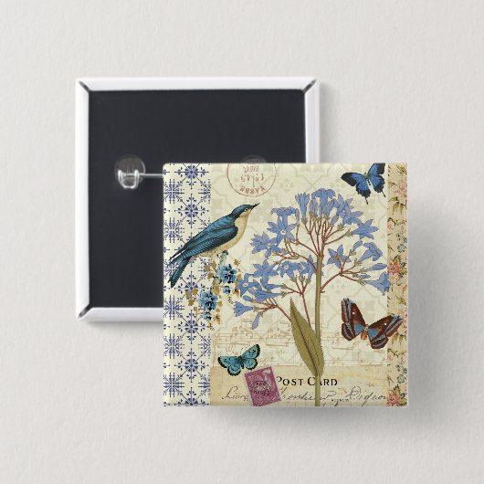 Blumen, Schmetterlinge und Vogel-Collage Button (Vorne & Hinten)
